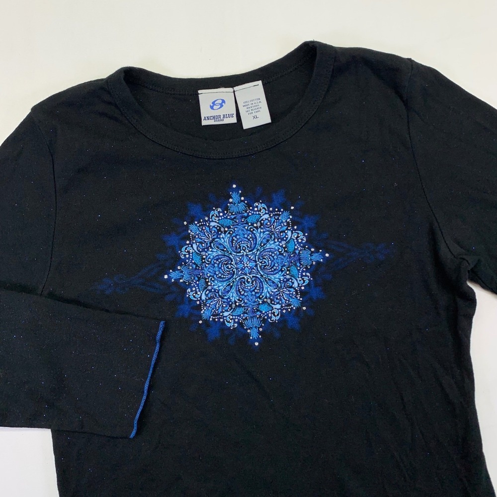 Vintage Anchor Blue 1/2 Sleeve Top Womens XL Black Blue Glitter Y2k Baby Tee